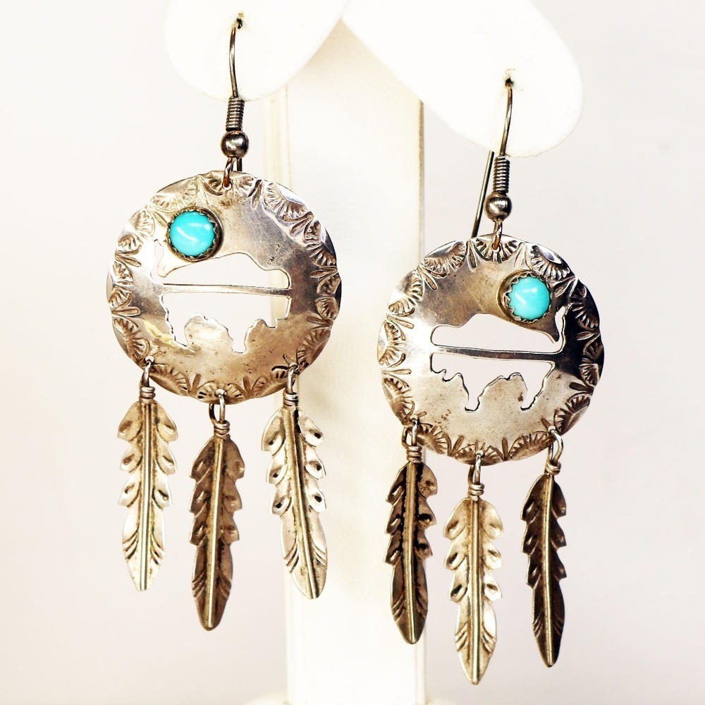 Sterling Silver Dreamcatcher Earrings with Turquoise Accents & French Wires EUC